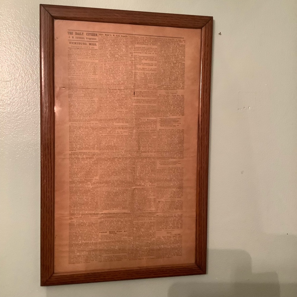 Antique Vicksburg, Miss.-The Daily Citizen Newspaper Reprint on Wallpaper framed